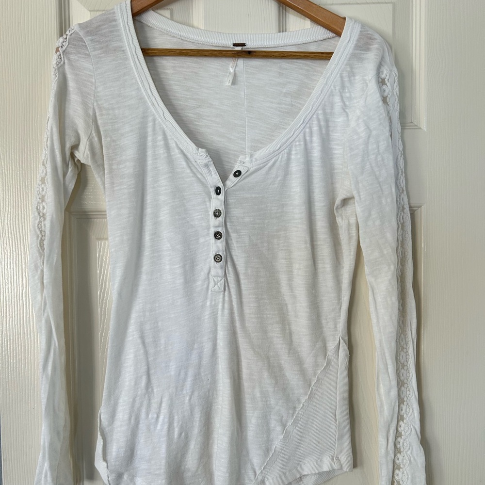 Free People Cream Long Sleeve Top with Button Detail